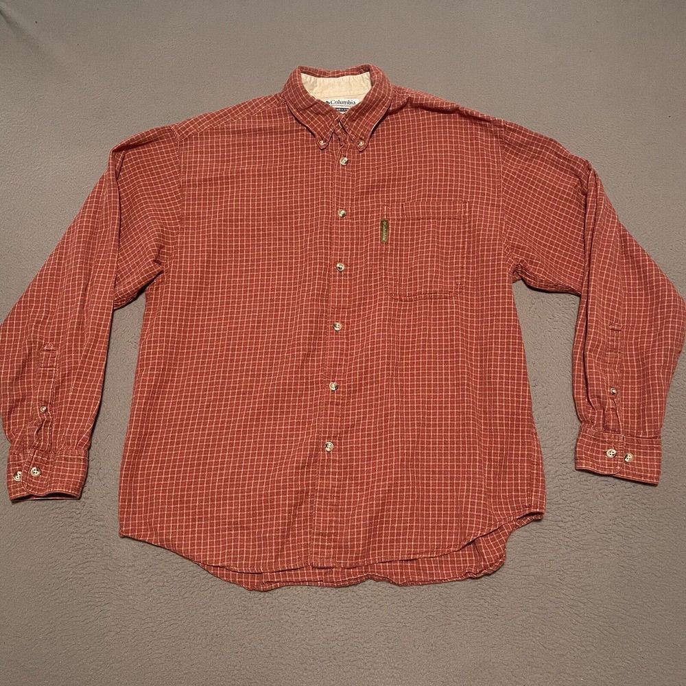 Columbia Mens Large Red Long Sleeve Check Button Down Shirt 100% Cotton